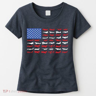Pilot Airplane American Flag Plane Aviation Womens T-Shirt