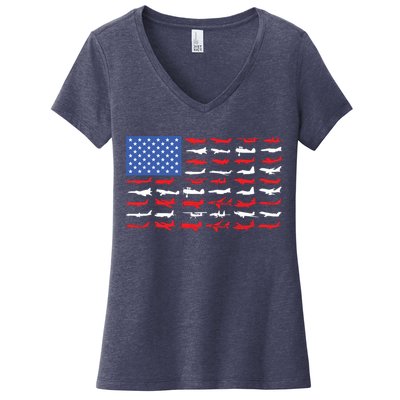 Pilot Airplane American Flag Plane Aviation Women's V-Neck T-Shirt