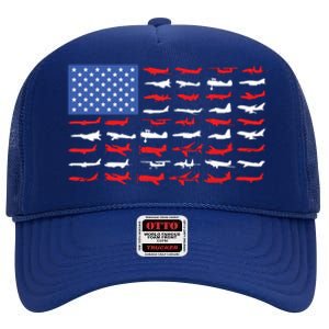 Pilot Airplane American Flag Plane Aviation High Crown Mesh Back Trucker Hat