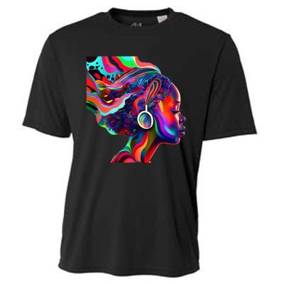 Psychedelic Art Black Woman Listening to Music Black 's Cooling Performance Crew T-Shirt