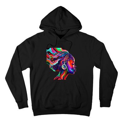 Psychedelic Art Black Woman Listening to Music Black 's Hoodie