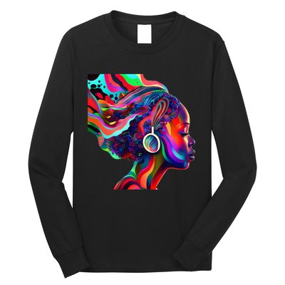 Psychedelic Art Black Woman Listening to Music Black 's Long Sleeve Shirt