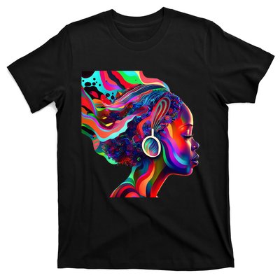 Psychedelic Art Black Woman Listening to Music Black 's T-Shirt