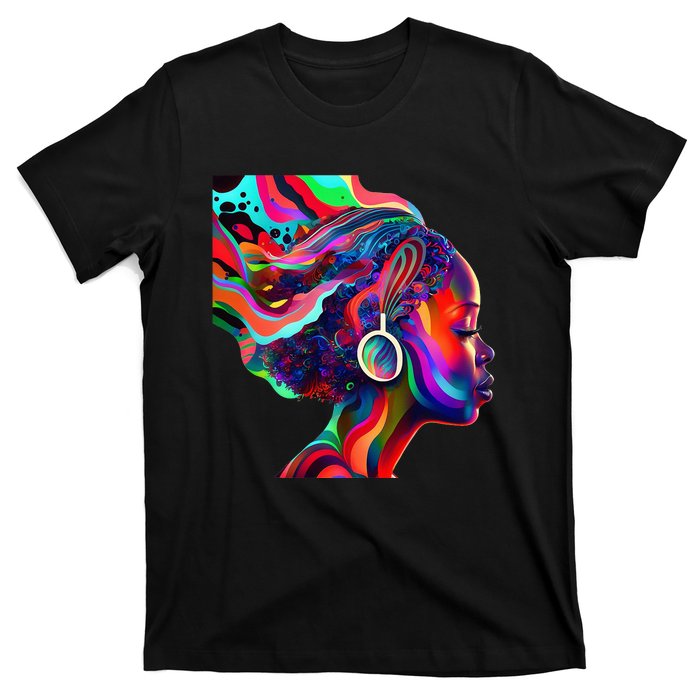 Psychedelic Art Black Woman Listening to Music Black 's T-Shirt