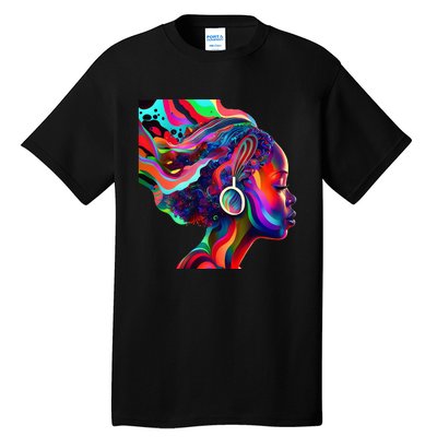 Psychedelic Art Black Woman Listening to Music Black 's Tall T-Shirt