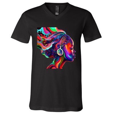 Psychedelic Art Black Woman Listening to Music Black 's V-Neck T-Shirt