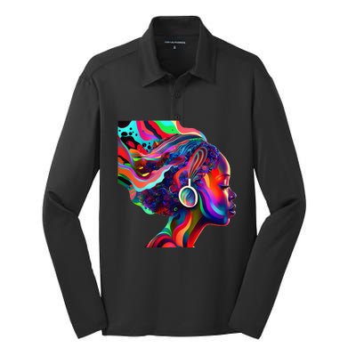 Psychedelic Art Black Woman Listening to Music Black 's Silk Touch Performance Long Sleeve Polo