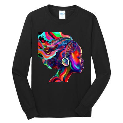 Psychedelic Art Black Woman Listening to Music Black 's Tall Long Sleeve T-Shirt