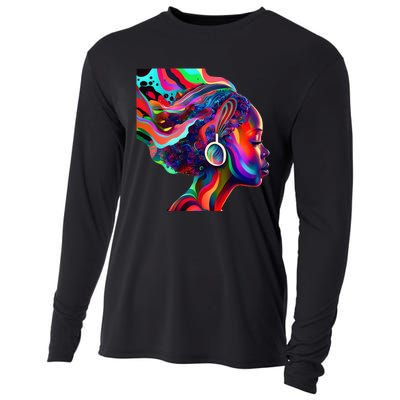 Psychedelic Art Black Woman Listening to Music Black 's Cooling Performance Long Sleeve Crew