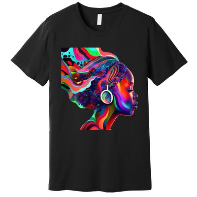 Psychedelic Art Black Woman Listening to Music Black 's Premium T-Shirt