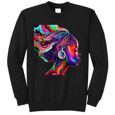 Psychedelic Art Black Woman Listening to Music Black 's Tall Sweatshirt