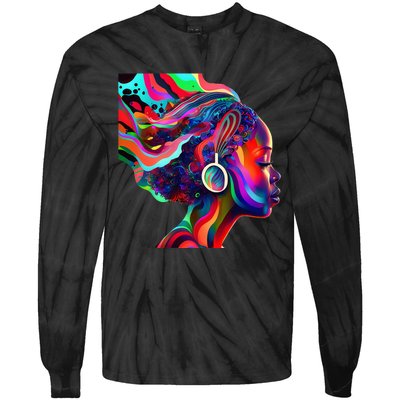 Psychedelic Art Black Woman Listening to Music Black 's Tie-Dye Long Sleeve Shirt