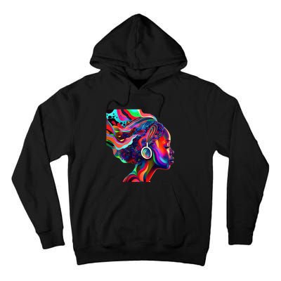 Psychedelic Art Black Woman Listening to Music Black 's Tall Hoodie