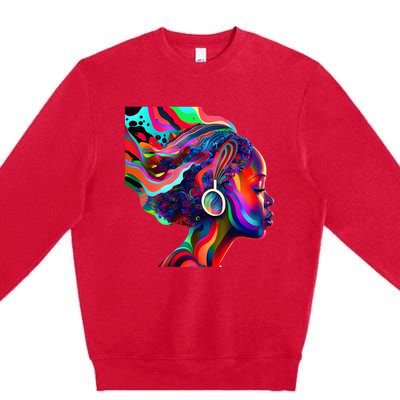 Psychedelic Art Black Woman Listening to Music Black 's Premium Crewneck Sweatshirt