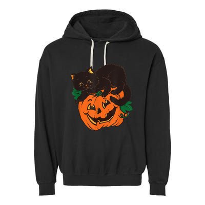 Pumpkin And Black Cat Halloween Vintage Costume Garment-Dyed Fleece Hoodie