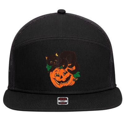 Pumpkin And Black Cat Halloween Vintage Costume 7 Panel Mesh Trucker Snapback Hat