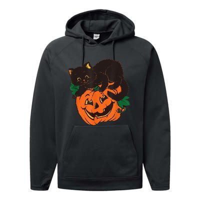 Pumpkin And Black Cat Halloween Vintage Costume Performance Fleece Hoodie