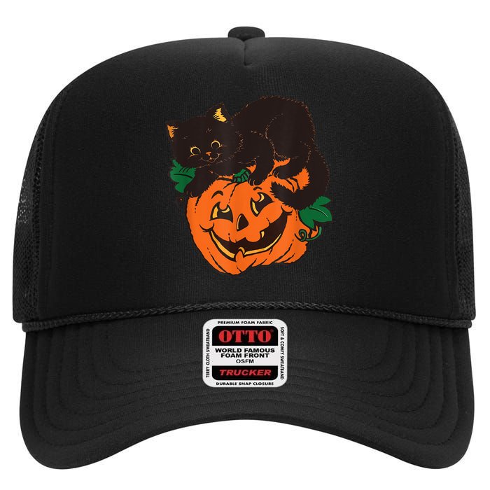 Pumpkin And Black Cat Halloween Vintage Costume High Crown Mesh Back Trucker Hat