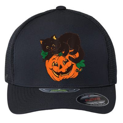 Pumpkin And Black Cat Halloween Vintage Costume Flexfit Unipanel Trucker Cap