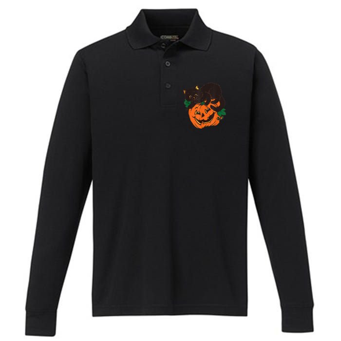 Pumpkin And Black Cat Halloween Vintage Costume Performance Long Sleeve Polo