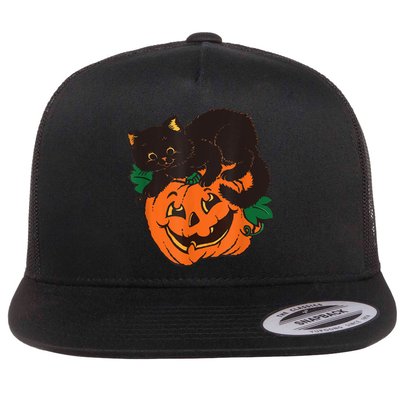 Pumpkin And Black Cat Halloween Vintage Costume Flat Bill Trucker Hat