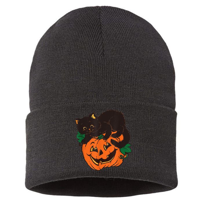 Pumpkin And Black Cat Halloween Vintage Costume Sustainable Knit Beanie