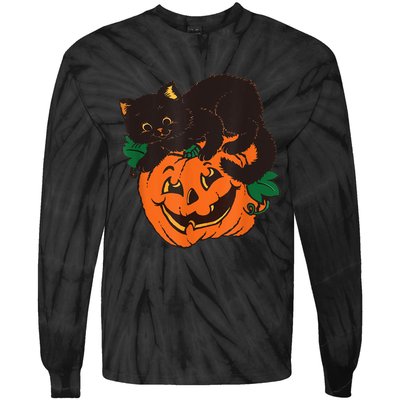 Pumpkin And Black Cat Halloween Vintage Costume Tie-Dye Long Sleeve Shirt