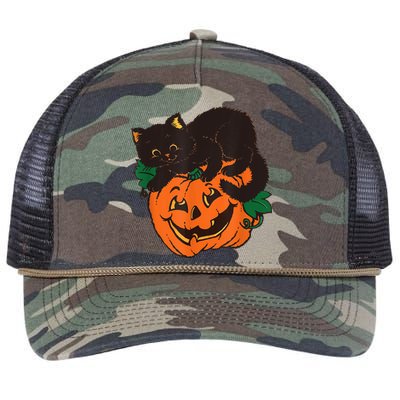 Pumpkin And Black Cat Halloween Vintage Costume Retro Rope Trucker Hat Cap