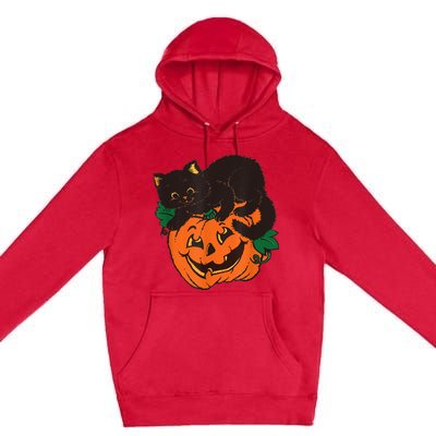 Pumpkin And Black Cat Halloween Vintage Costume Premium Pullover Hoodie