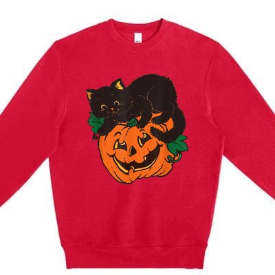 Pumpkin And Black Cat Halloween Vintage Costume Premium Crewneck Sweatshirt