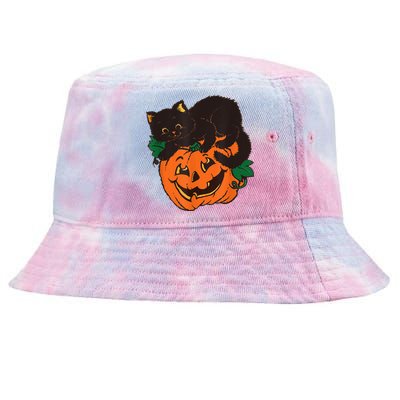 Pumpkin And Black Cat Halloween Vintage Costume Tie-Dyed Bucket Hat