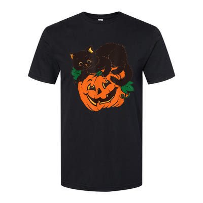 Pumpkin And Black Cat Halloween Vintage Costume Softstyle CVC T-Shirt