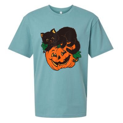 Pumpkin And Black Cat Halloween Vintage Costume Sueded Cloud Jersey T-Shirt