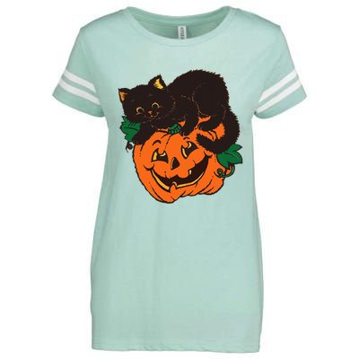 Pumpkin and Black Cat Halloween Vintage Costume Enza Ladies Jersey Football T-Shirt