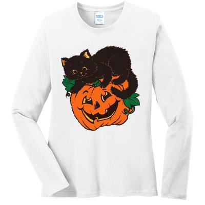 Pumpkin and Black Cat Halloween Vintage Costume Ladies Long Sleeve Shirt