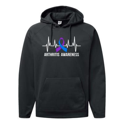 Purple And Blue Ribbon Heartbeat Arthritis Awareness Month Performance Fleece Hoodie