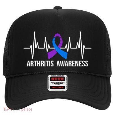 Purple And Blue Ribbon Heartbeat Arthritis Awareness Month High Crown Mesh Back Trucker Hat