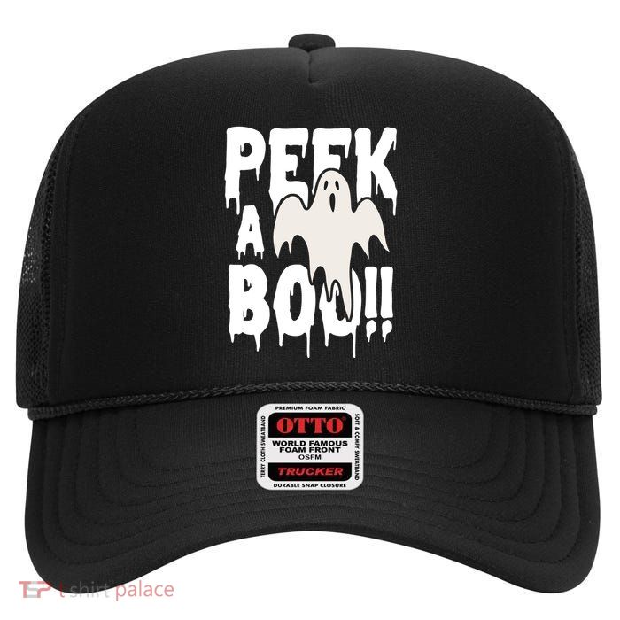 Peek A Boo Halloween Ghost High Crown Mesh Back Trucker Hat