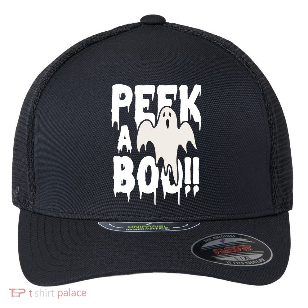 Peek A Boo Halloween Ghost Flexfit Unipanel Trucker Cap