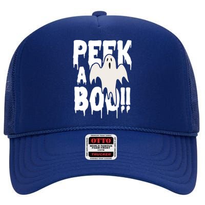 Peek A Boo Halloween Ghost High Crown Mesh Back Trucker Hat