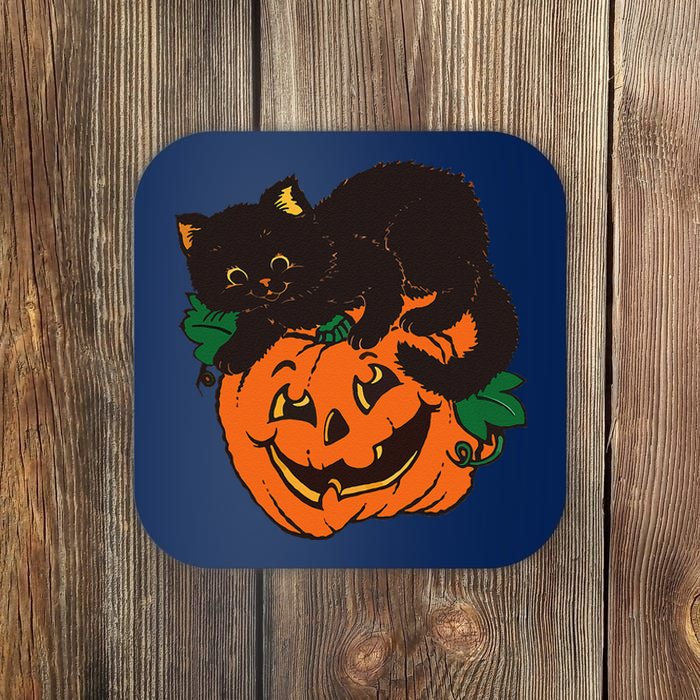 Pumpkin And Black Cat Halloween Vintage Costume Coaster