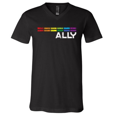 Proud Ally Bars Equality L.G.B.Tq Rainbow Flag V-Neck T-Shirt