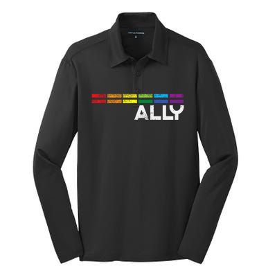 Proud Ally Bars Equality L.G.B.Tq Rainbow Flag Silk Touch Performance Long Sleeve Polo