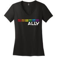 Proud Ally Bars Equality L.G.B.Tq Rainbow Flag Women's V-Neck T-Shirt