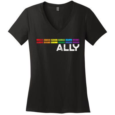 Proud Ally Bars Equality L.G.B.Tq Rainbow Flag Women's V-Neck T-Shirt