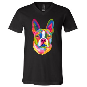 Pop Art Boston Terrier Lover Gift Men Women Dog Terriers V-Neck T-Shirt