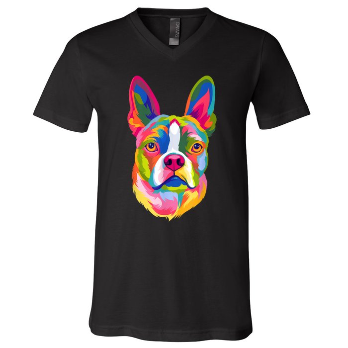 Pop Art Boston Terrier Lover Gift Men Women Dog Terriers V-Neck T-Shirt