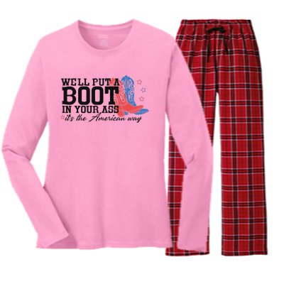 Put A Boot Inyankees Personalized Nameput A Boot In Your Ass Cowgirl 4th Of July Women's Long Sleeve Flannel Pajama Set 