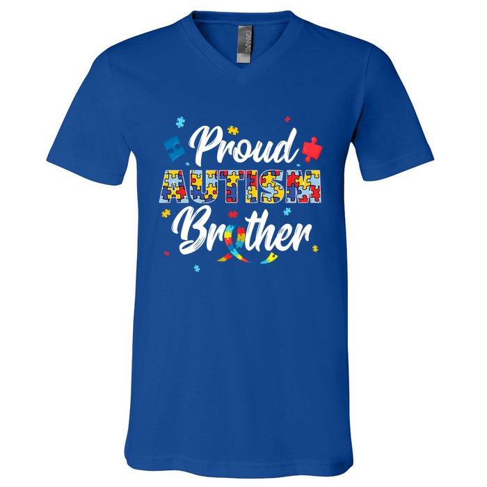 Proud Autism Brother Sibling Autism Awareness Gift V-Neck T-Shirt