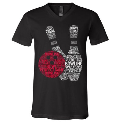 Phonetic Alphabet Bowling Pin Word Cloud Funny Bowling V-Neck T-Shirt